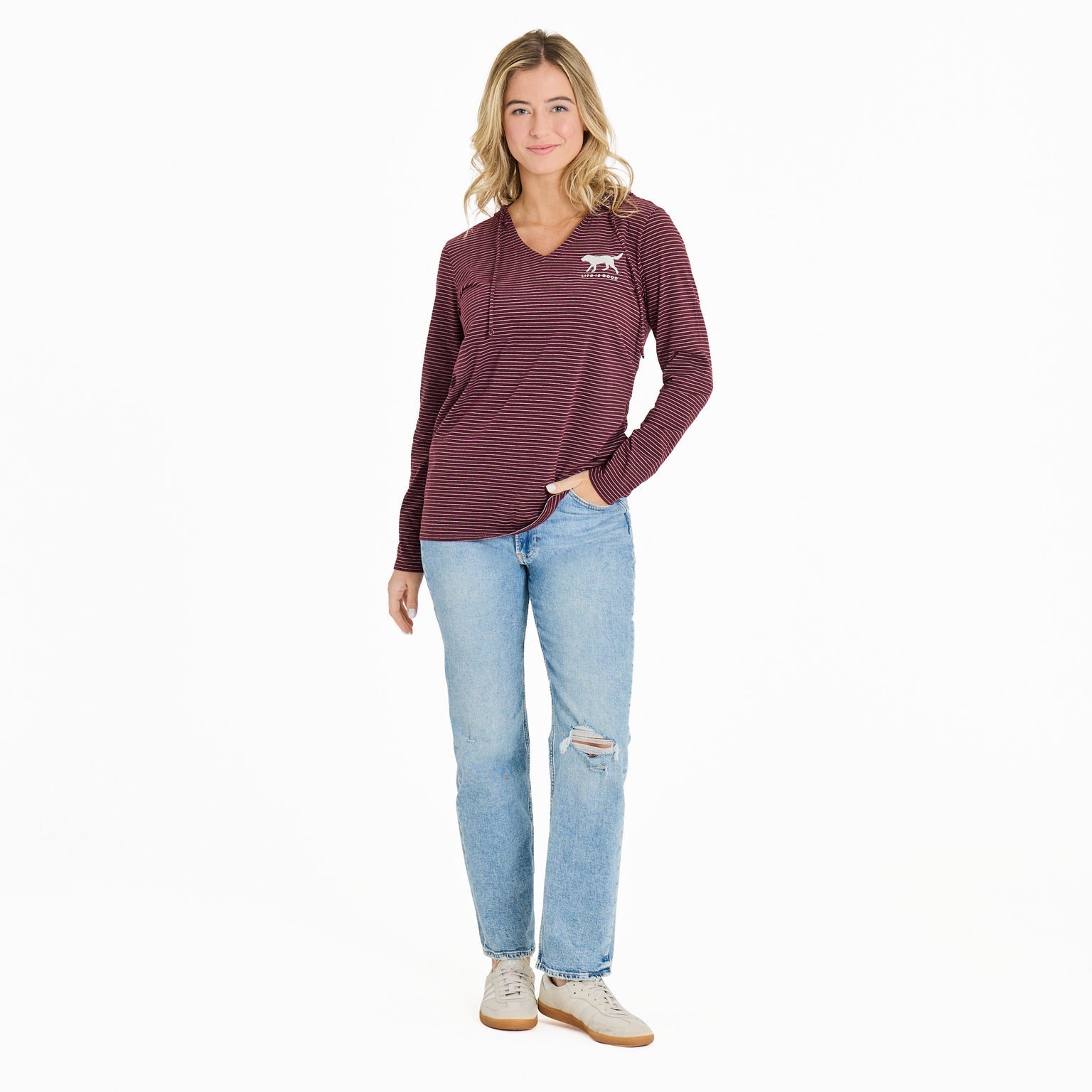 Dog Walking L/S Striped Crusher-LITE Hooded Tee - Deep Burgundy - 139698