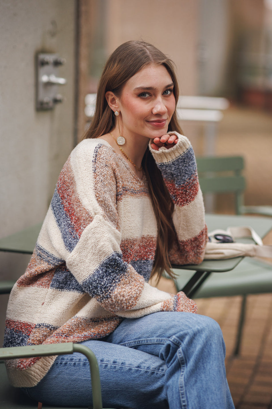 Color Block Stripe Sweater With Boucle - Rust - ST-19228
